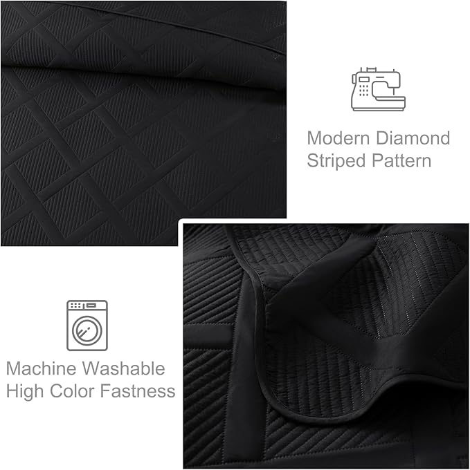 Exclusivo Mezcla Twin Size Quilt Set with Modern Striped Pattern, 2 Pieces Lightweight Black Quilts Bedding Set, Soft Bedspreads Coverlets for All Seasons