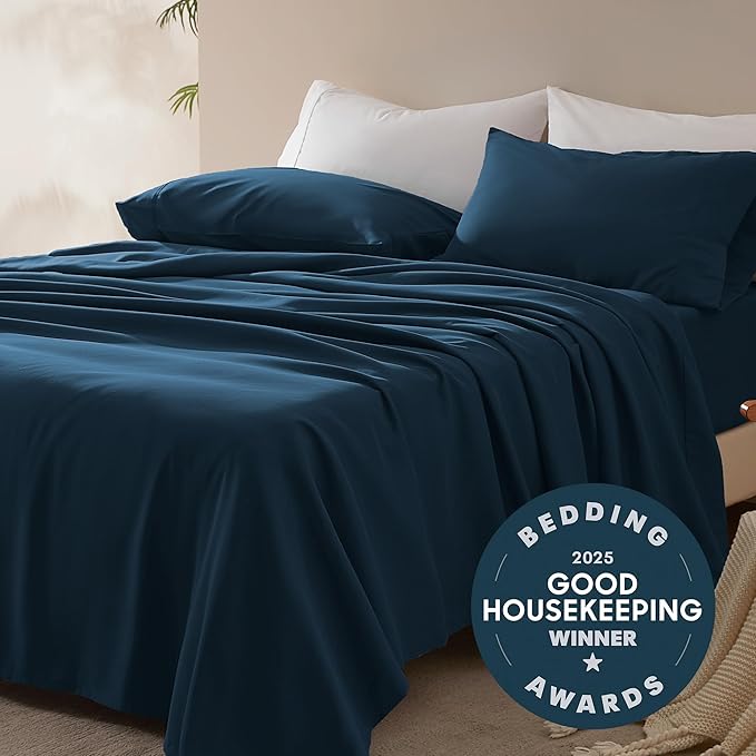 SLEEP ZONE Nanotex Super Soft Cooling Twin Bed Sheets Set for Kids 3 Piece - Easy Care Fitted Flat Sheet & Pillowcase Sets - Wrinkle Free, Fade Resistant, Deep Pocket 16" (Navy Blue, Twin)