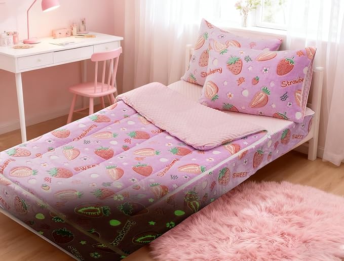 A Nice Night Chic Cute Strawberry Plush Zippered Comforter Set,Zipper Bedding Glow in The Dark for Child, Twin