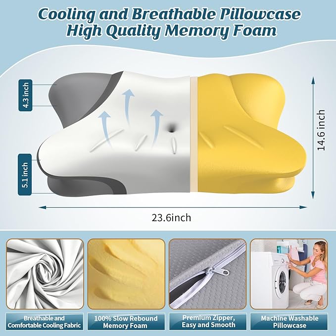 Cervical Neck Pillow for Pain Relief, Bed Pillows for Sleeping, Ergonomic Cooling Pillow, Orthopedic Contour Pillow for Side Back Stomach Sleepers,Neck Support Memory Foam Pillows (White&Grey)
