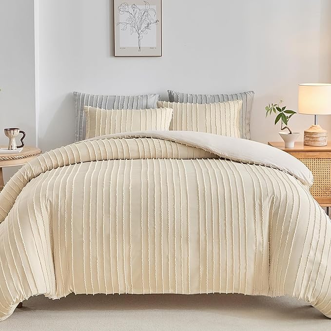 WARMDERN Khaki Boho Duvet Cover Twin Size, Striped Textured Duvet Cover Tufted Bedding Set, 2 Piece Washed Microfiber with Zipper Closure & Corner Ties(Twin, Khaki)