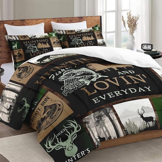 Queen Size Comforter Set with 2 Pillowcases, Retro Mountains Gray Soft 3 Pcs Bedding for Kids and Adults, Deer Animal Tree Comforter Set for Bedroom Bed Decor