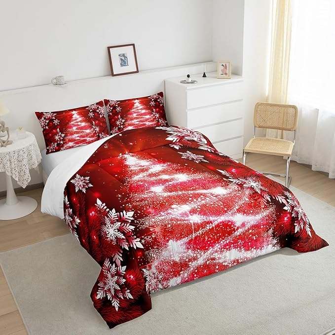 Feelyou Christmas Tree Comforter Set for Children Kids Boys Girls Luxury Chic Xmas Theme Bedding Set Glitter Snowflake Star Comforter Microfiber Red Duvet Set Room Decor Quilt Set Twin Size
