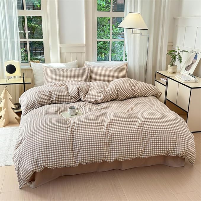 Nayoroom Brown Gingham Duvet Cover Full Size Tan White Plaid Checkered Duvet Cover Grid Dorm Bedding Set 3 Pieces Soft Lightweight Washed Microfiber Farmhouse Bedding with Pillowcases