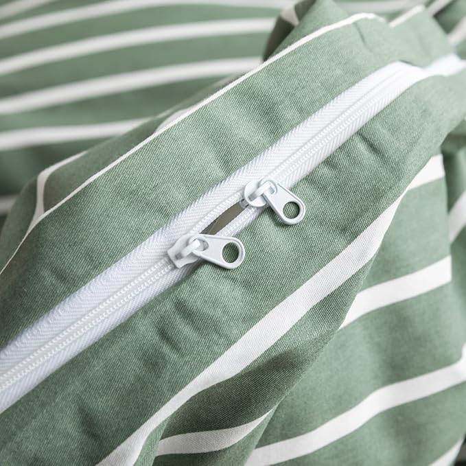 JELLYMONI Twin Duvet Cover Set, Cotton Duvet Cover 2 Pieces with Zipper Closure, 1 Duvet Cover and 1 Pillowcase(Green with White Striped)