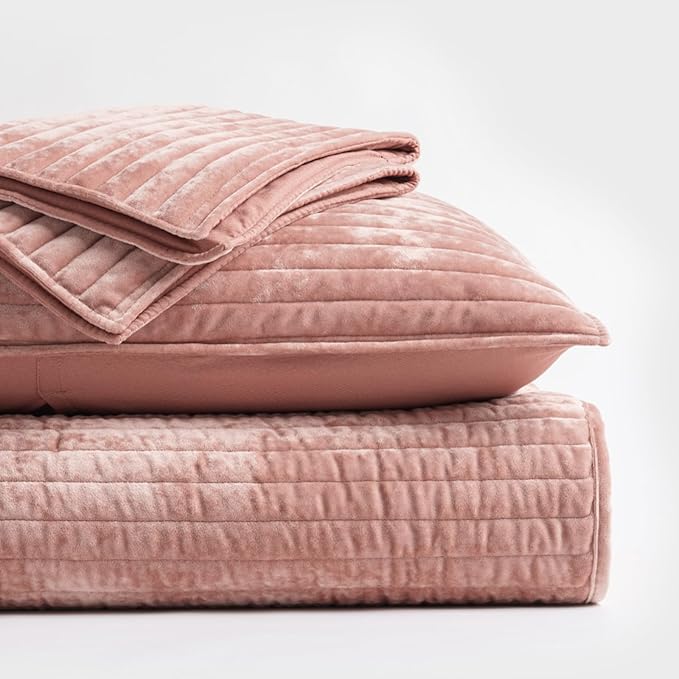 EVERGRACE Velvet Quilt Set King Size, Luxurious Soft Striped Channel Bedding Set, Lightweight Velvet Comforter for All Season, Oversized Bedspread Coverlet with 2 Matching Shams, Pink Clay