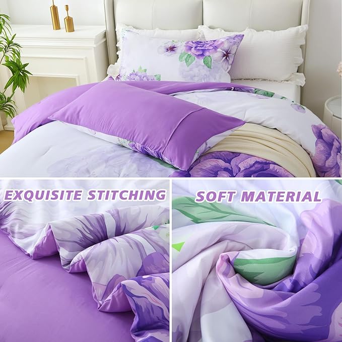 Floral Comforter Set Queen Size, 3 Pieces Elegant Purple Floral Bed in a Bag, Soft Microfiber Botanical Flower Bedding Set with 2 Pillowcases for All Season 90"×90"