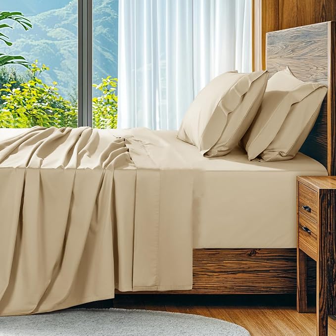 SONORO KATE 100% Egyptian Cotton Sheets Set, Extra Deep Pocket up to 18"-24",1000 High Thread Count, Soft & Breathable 5-Star Hotel Sateen Bed Sheets - 4 PC (Beige,King)