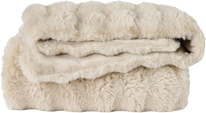 Lotus Karen Faux Fur Throw Blanket Linen - 800 GSM Bubble Rabbit Fluff Blanket for Couch Bed Sofa,Softest Fluffy Fuzzy Cozy Blanket,Thick Furry Plush Shaggy Warm Blankets for Women,90x90 Inches