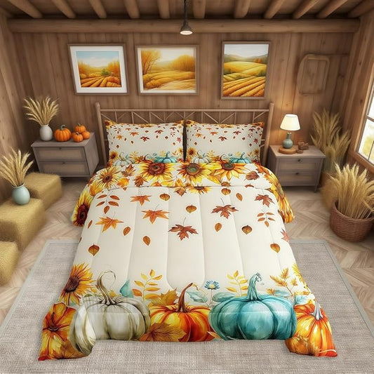 Fall Pumpkin Bedding Set For Home Queen Thanksgiving Harvest Season Fruit Decor Comforter Set Autumn Fall Maple Leaf Quilt Comforter for Kids Teen Adults,Rustic Farm Sunflower Bed Sets 2 Pillow Cases