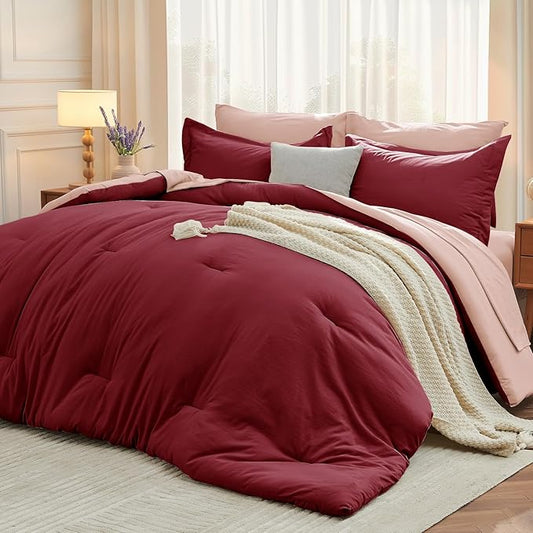 MUXHOMO 7 Pieces Full Comforter Set, Soft Bed in a Bag Full Size, All Season Bedding Set with Comforter, Flat Sheet, Fitted Sheet, Pillowcases & Shams, Burgundy & Rose Gold