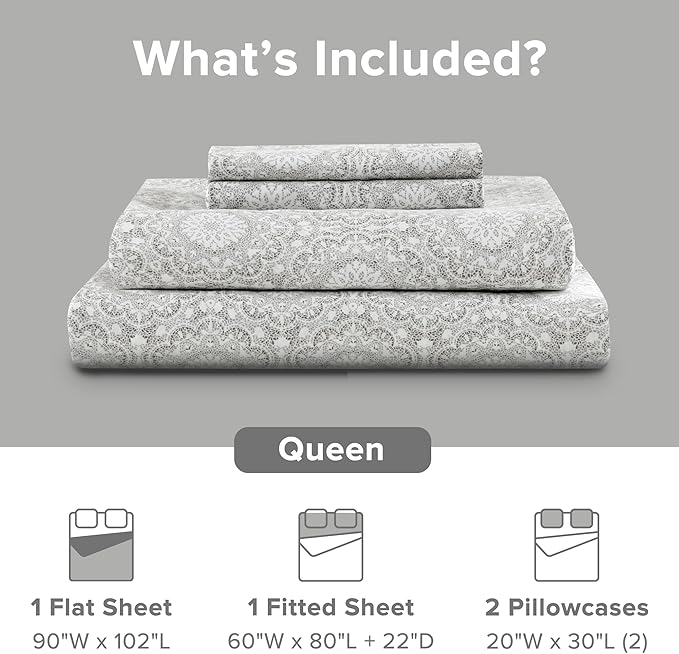 Comfort Spaces Extra Deep Pocket, 100% Cotton Sheets Queen Fits up to 24" Mattress, Breathable, Naturally Cool Cotton, Soft Cotton, All Seasons Sheet Set, Adelia Grey 4 Piece