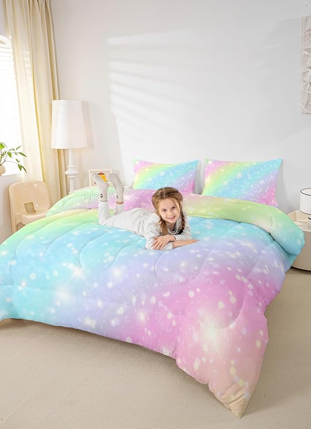 Erosebridal Rainbow Bedding Set for Kids Girls Teens Women Tie Dye Pastel Comforter Set Twin Size Golden Stars Glitter Bedding Comforter Set Watercolor Art Girly Quilt Set Sweet Bedroom Decor 2 Piece
