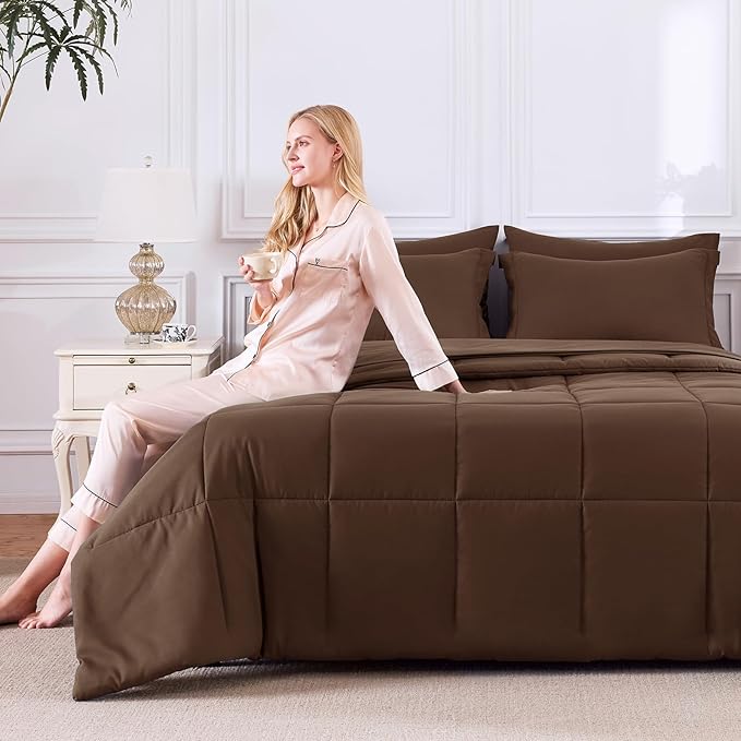 CozyLux King Size Comforter Set Brown - 7 Pieces Bed in a Bag King, Okeo-Tex Certifited Bedding Set, All Season Soft Bed Set with Down Alternative Comforter, Sheets, Pillowcases & Pillow Shams