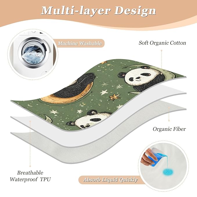 Waterproof Bed Pad Reusable Changing Pad Toddler Mattress Protector Large Pee Pad Baby Diaper Pad Soft Washable Liner Sage Green Panda Crescents Stars