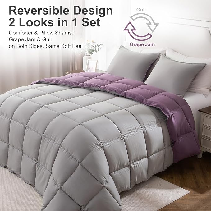 KASENTEX King Comforter Set – Reversible Dual Color – Goose Down Alternative – Ultra-Soft, Lightweight, Machine Washable, Maintain Fluffiness, All Season Warmth (Grape Jam/Gull)