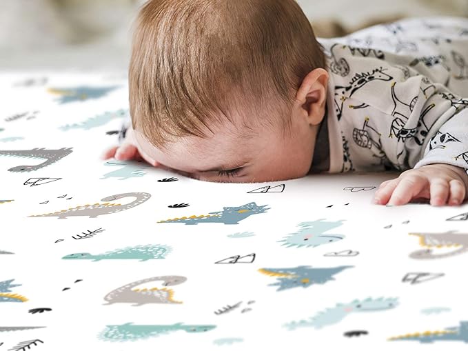 GRSSDER Stretchy Ultra Soft Jersey Knit Fitted Crib Sheets Set 2 Pack, Deep Pocket and Cozy Fits All Standard Crib Mattress Pads Safe and Snug, Happy Dinosaurs Print for Boys and Girls