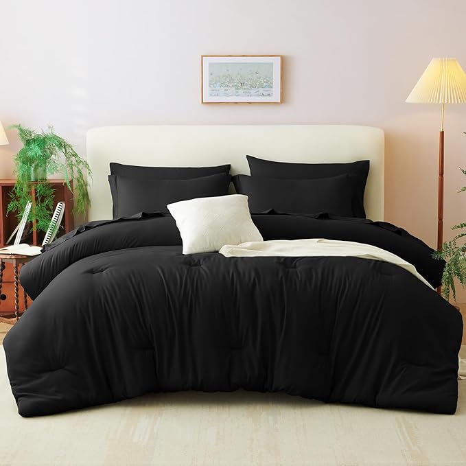 CozyLux California King Comforter Set Black, 7 Pieces Cal King Bed in a Bag Bedding Comforter Set with Sheets, 7PC Bed Sets with Comforter, Fitted Sheets, Flat Sheets, Pillow Shams and Pillowcases