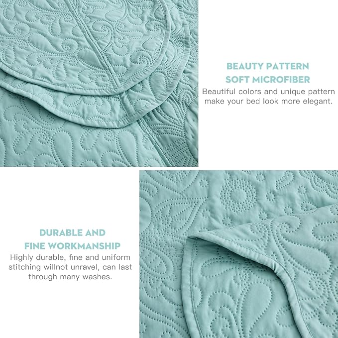 Oversized King Bedspread 128x120 Extra Wide, Ultrasonic Lightweight Bedding Cover, Paisley Pattern, Reversible, 5 Piece, 100% Microfiber, Seaglass