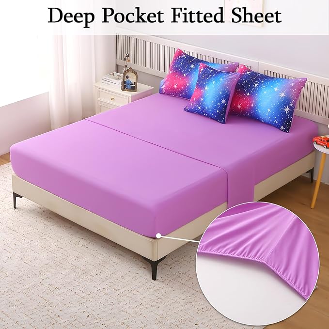 JQinHome Twin Ombre Pink Purple Comforter Set, 6 Piece Bed in A Bag 3D Colorful Bedding Sets for Teen Girls (1 Comforter,2 Pillowcases,1 Flat Sheet,1 Fitted Sheet,1 Cushion Cover)(Star Purple)