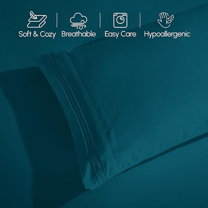 Elegant Comfort Luxurious 1500 Premium Hotel Quality Microfiber Three Line Embroidered Softest 4-Piece Bed Sheet Set, Wrinkle and Fade Resistant, Full, Marine Teal