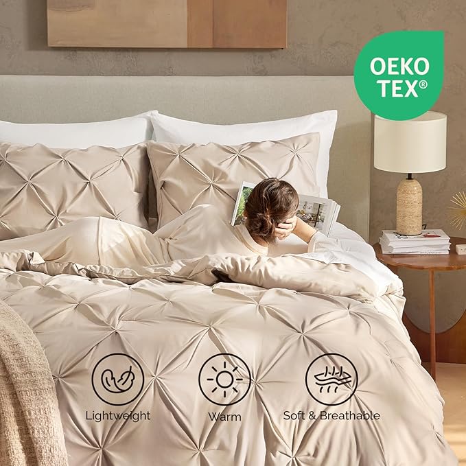 Andency Wheat Oversized King Comforter Set (120x98Inch), 3 Pieces Lightweight Pinch Pleat Cal King Bedding Comforters & Sets, Oversized Pintuck Soft Fluffy Down Alternative Bed Set for All Season