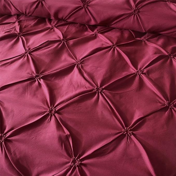 Feelyou Pinch Pleated Duvet Cover with Zipper Closure Pintuck Comforter Cover Set Twin Size Luxurious Pintuck Tufted Bedding Set Solid Red Microfiber Bedspread Cover with 1 Pillow Shams Soft