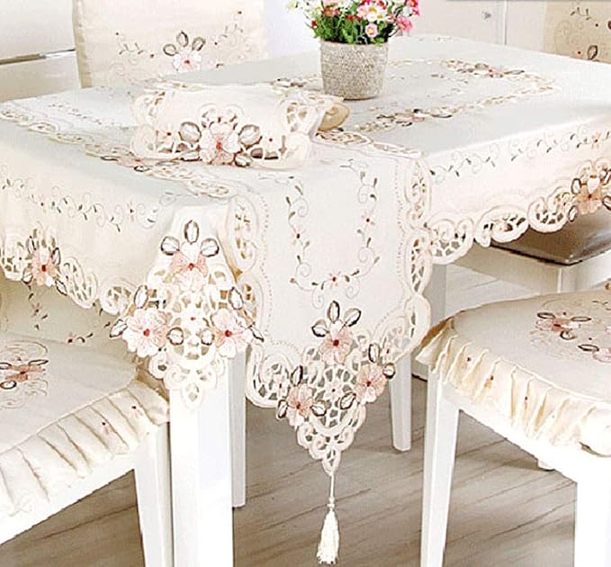 LeLehome 15 Inch X 69 Inch Classic Embroidered Lace Long Table Runner, Floral Washable Cabinet Dresser Scarf Home Party Kitchen Restaurant Decoration - Beige Flower