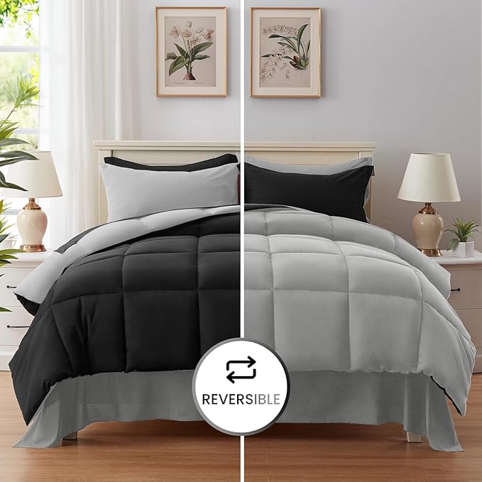 Anluoer Queen Comforter Set 7 Piece, Black and Grey Bed in a Bag with Sheets, All Season Bedding Comforter Sets with 1 Comforter, 2 Pillow Shams, 2 Pillowcases, 1 Flat Sheet,1 Fitted Sheet