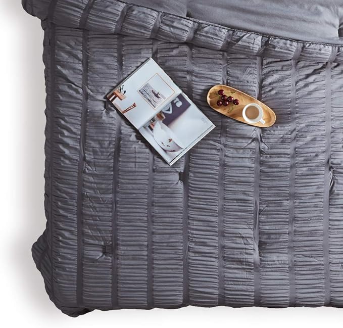 SLEEP ZONE Luxury Seersucker Queen Comforter Set 3-Piece, Soft & Lightweight Down Alternative Duvet Insert with Pillow Sham Cooling for Summer, Gray