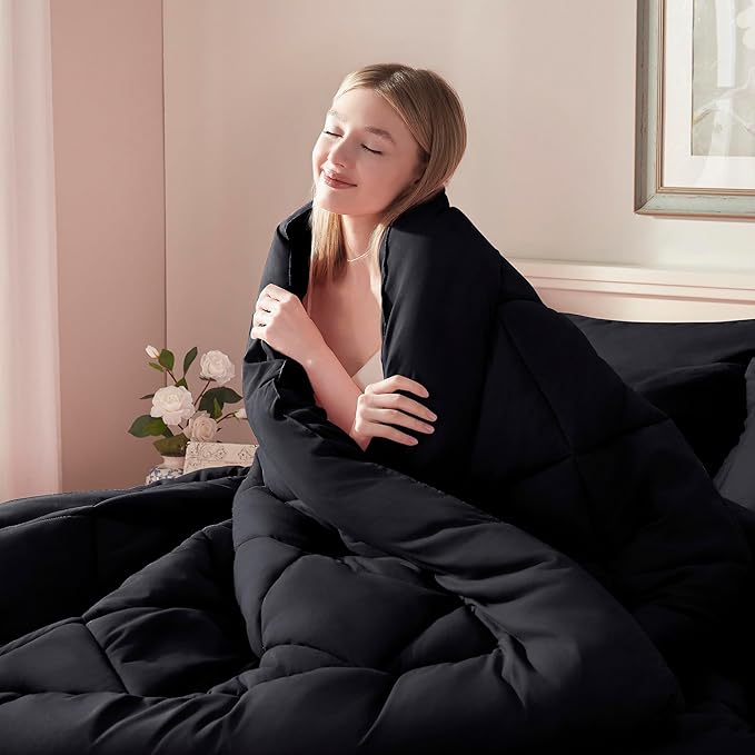 ELNIDO QUEEN® Full Comforter Set Black - 7 Pieces Bed in a Bag Full Size, Bed Set for All Seasons, Ultra Soft Bedding Sets with Comforter, Flat Sheet, Fitted Sheet, Pillowcases and Pillow Shams