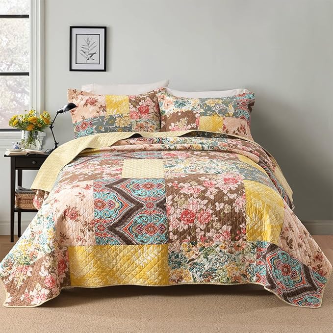 Autumn Dream Cotton Bedspread Quilt Sets Reversible Bedding Coverlet Sets, Luxury Vintage Floral Patchwork Yellow Bedspread, King Size | Breathable material, Reversible, Handmade patchwork, soft durable, Jacquard stitching