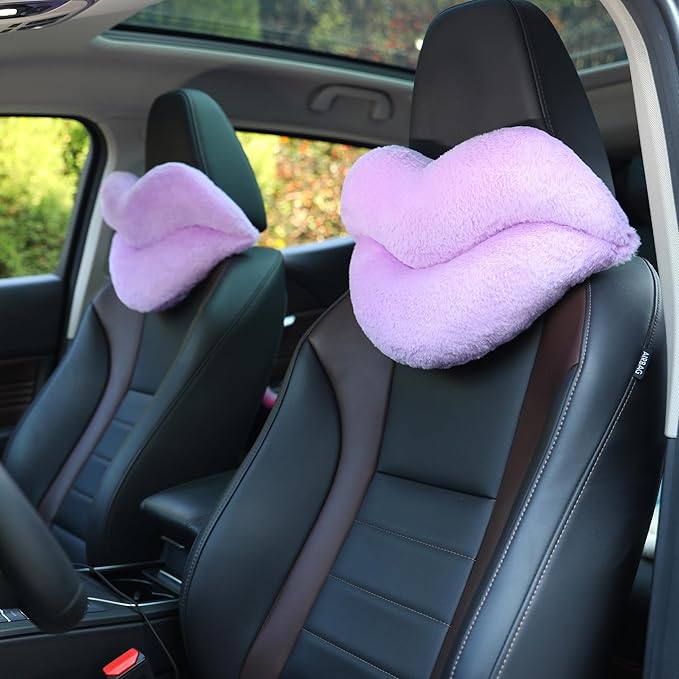Sexysamba 2 Pack Lip Shaped Car Headrest Pillow, Comfortable Soft Head Rest Cushion Kawaii Car Accessories Cute Car Neck & Seat Pillow for Driving Travelling Office Home Decor - Lavender Lip