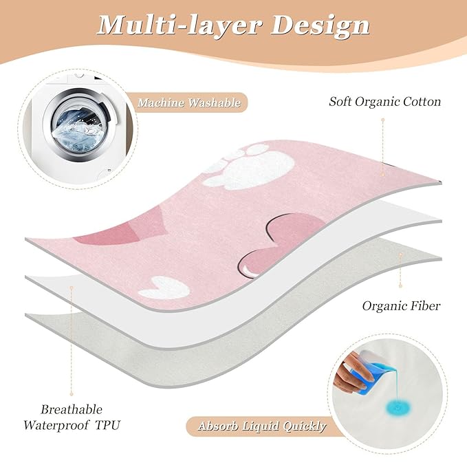 Waterproof Bed Pad Reusable Changing Pad Toddler Mattress Protector Large Pee Pad Baby Diaper Pad Soft Washable Liner Pink Cat Paw Print and Heart