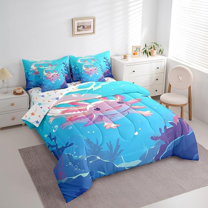Feelyou Kids Cute Axolotl Bed in A Bag King Size, Cartoon Salamander Comforter Set with Sheets Ocean Sealife 7 Pieces Bedding Set Boys Girls Kawaii Animal Teens Bed Set Bedroom Decor 7Pcs