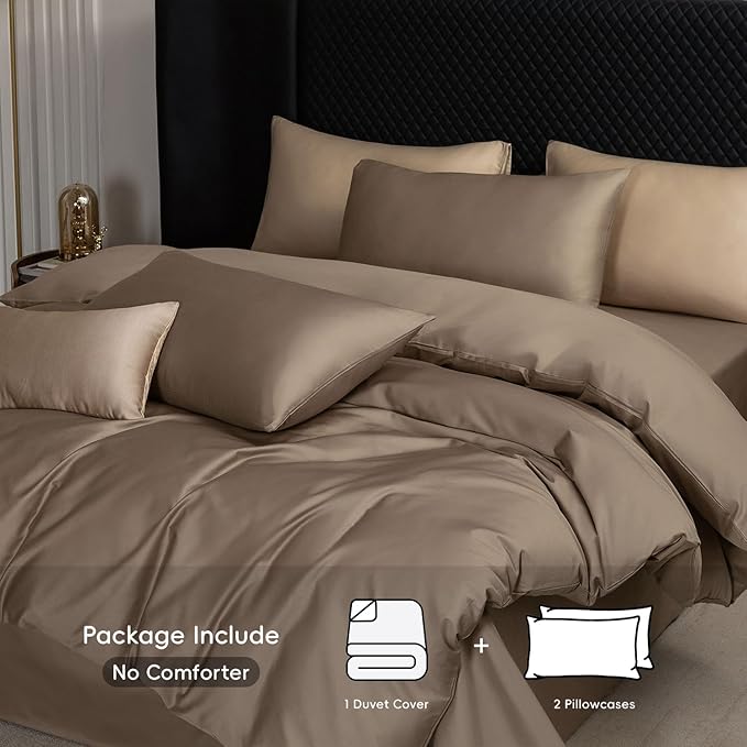 MooMee Duvet Cover Set 100% Extra Long Staple Cotton 600 Thread Count Silky Sateen Smooth Luxury Soft Breathable Durable Hotel Quality Bedding, 3 Pieces (Mocha Brown,California King 104"x98")