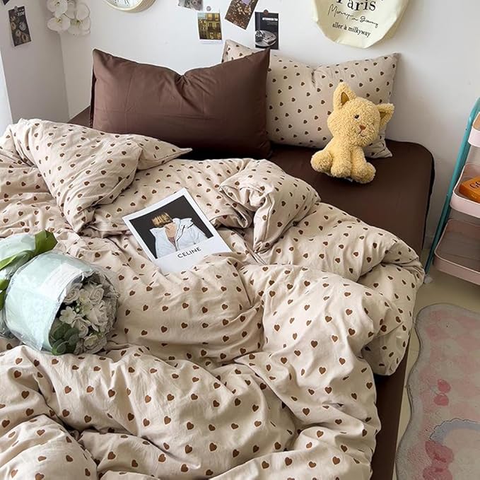 Nayoroom Brown Heart Duvet Cover Twin Size Vintage Hearts Printed on Taupe Duvet Cover Kids Girls 2 Pieces Soft Microfiber Farmhouse Bedding Set with Zipper Closure