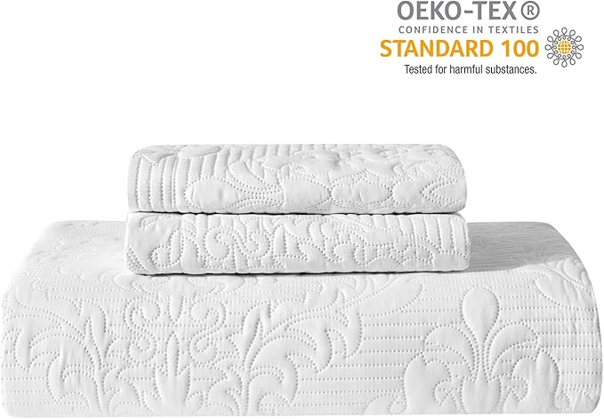 Hansleep White Quilt Twin Size - Damask Ultrasonic All Season Bedspread Twin, Soft Lightweight Coverlet Bedding Set, 2 Pieces (1 Quilt, 1 Pillow Sham)