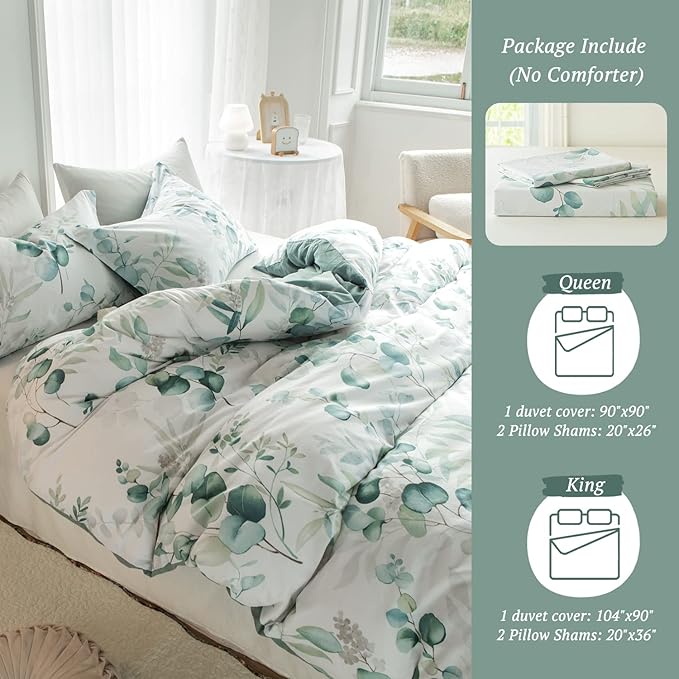 MILDLY Duvet Cover Leaf Pattern- 100% Washed Cotton Eucalyptus Printed Linen Feel Bedding Set Sage Green Comforter Cover with Zipper Closure 4 Ties King Size