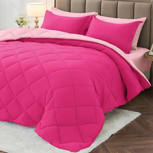 MUXHOMO 5 Pieces Twin XL Comforter Set, Reversible Bed in a Bag Twin XL Size, All Season Bedding Set with Comforter, Flat Sheet, Fitted Sheet, Pillowcases & Shams, Hot Pink & Baby Pink