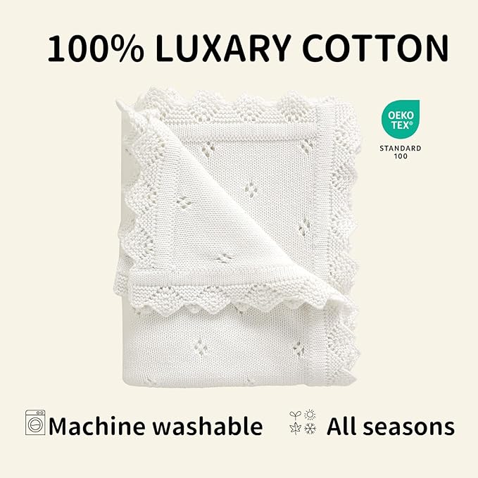 mimixiong Cotton Baby Blanket Knitted Crochet Receiving Crib Nursery Swaddling Blankets for Newborn Baby Boy Girl Off White 30x40 Inch