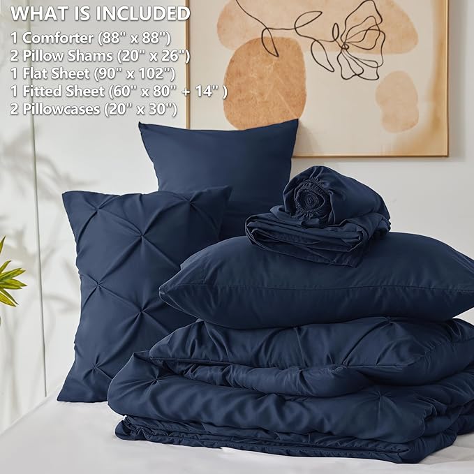 Queen Comforter Set Navy Blue, 7 Pieces Pintuck Bed in A Bag Queen Size Bedding, Soft Bed Set All Season Pinch Pleat Comforter Set with Sheets, Pillowcases & Shams