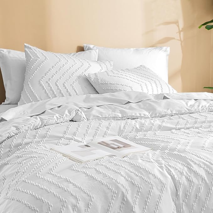 Litanika White Comforter King Size Set with Sheets - 7 Pieces Boho Bed in a Bag Chevron Tufted Complete Bedding Sets Lightweight All Season Bed Set with Comforter, Sheets, Pillowcases & Shams