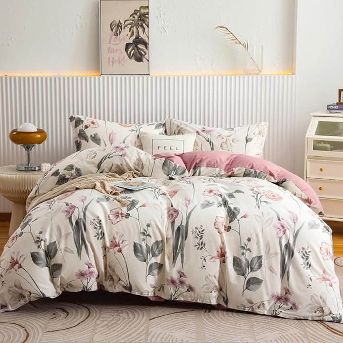 OAITE Duvet Cover Set Twin Size Floral Pattern 600 Thread Count Ultra Soft 100% Long Staple Cotton Duvet Cover Sets 3-PC, Breathable Duvet Cover with Zipper Closure & Corner Ties