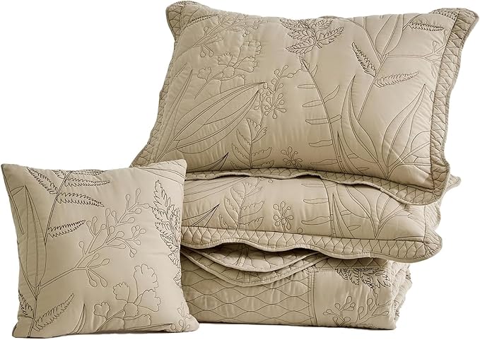 Botanical Oversized Bedspread King Size - Leaves Pattern Stitching Quilt Set - Elegant & Fresh Style Bedding Coverlets, Reversible, Lightweight, 5 Piece, Taupe