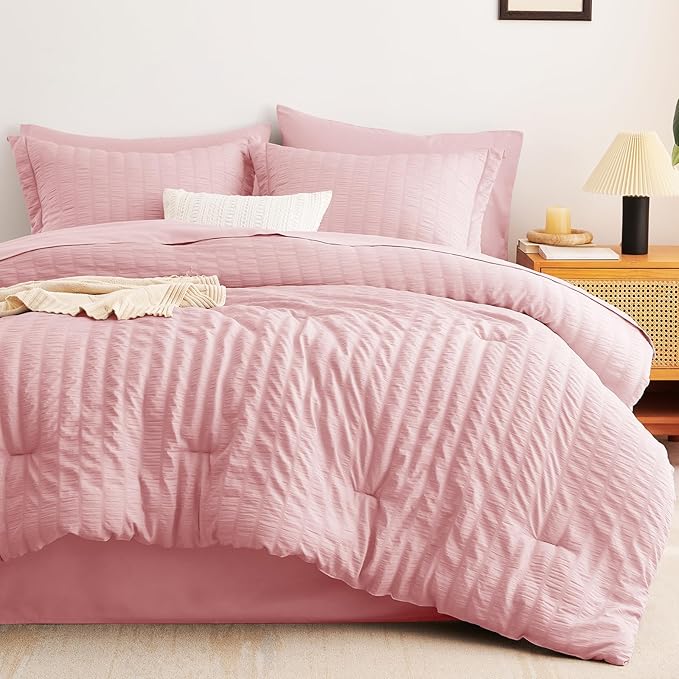 CozyLux Full Size Comforter Sets with Sheets Seersucker 7 Pieces Pink Bed in a Bag Textured Luxury Soft Bedding Set with Down Alternative Comforter, Sheets, Pillowcases & Shams for All Seasons