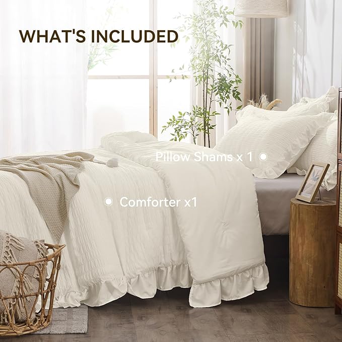 JOLLYVOGUE Ivory Twin Size Comforter Set, 2 Pieces Seersucker Lightweight Fluffy Bedding Set, Twin Ruffle Comforter, All Season Soft Microfiber Shabby Chic Bed Set