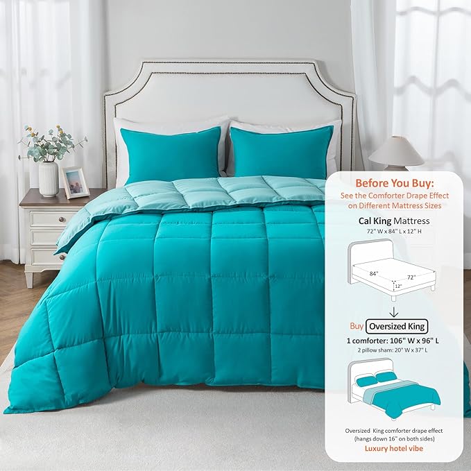 KASENTEX California King Comforter Set – Reversible Dual Color – Goose Down Alternative – Ultra-Soft, Lightweight, Machine Washable, Maintain Fluffiness, All Season Warmth (Blue/Teal)