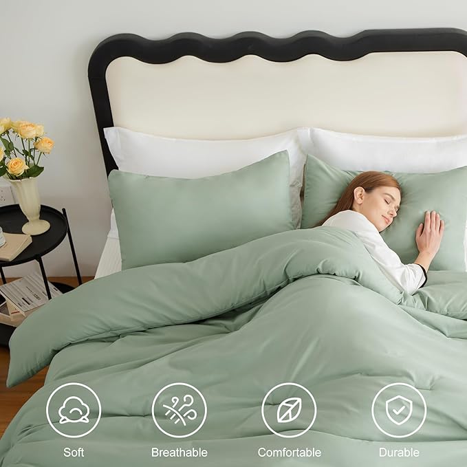 CozyLux Sage Green Full Size Comforter Set, 3 Pieces Solid Breathable Quilted Bedding Sets, Luxury Fluffy Soft Bed Set with Down Alternative Comforter for All Season (1 Comforter & 2 Pillowcases)