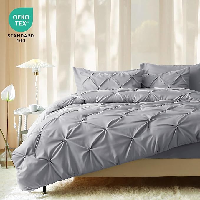 JOLLYVOGUE California King Comforter Set 7 Pieces - Bed in a Bag Cal King for All Season, Pintuck Bedding Comforter Sets with Comforter, Flat Sheet, Fitted Sheet and Pillowcases & Shams, Light Grey
